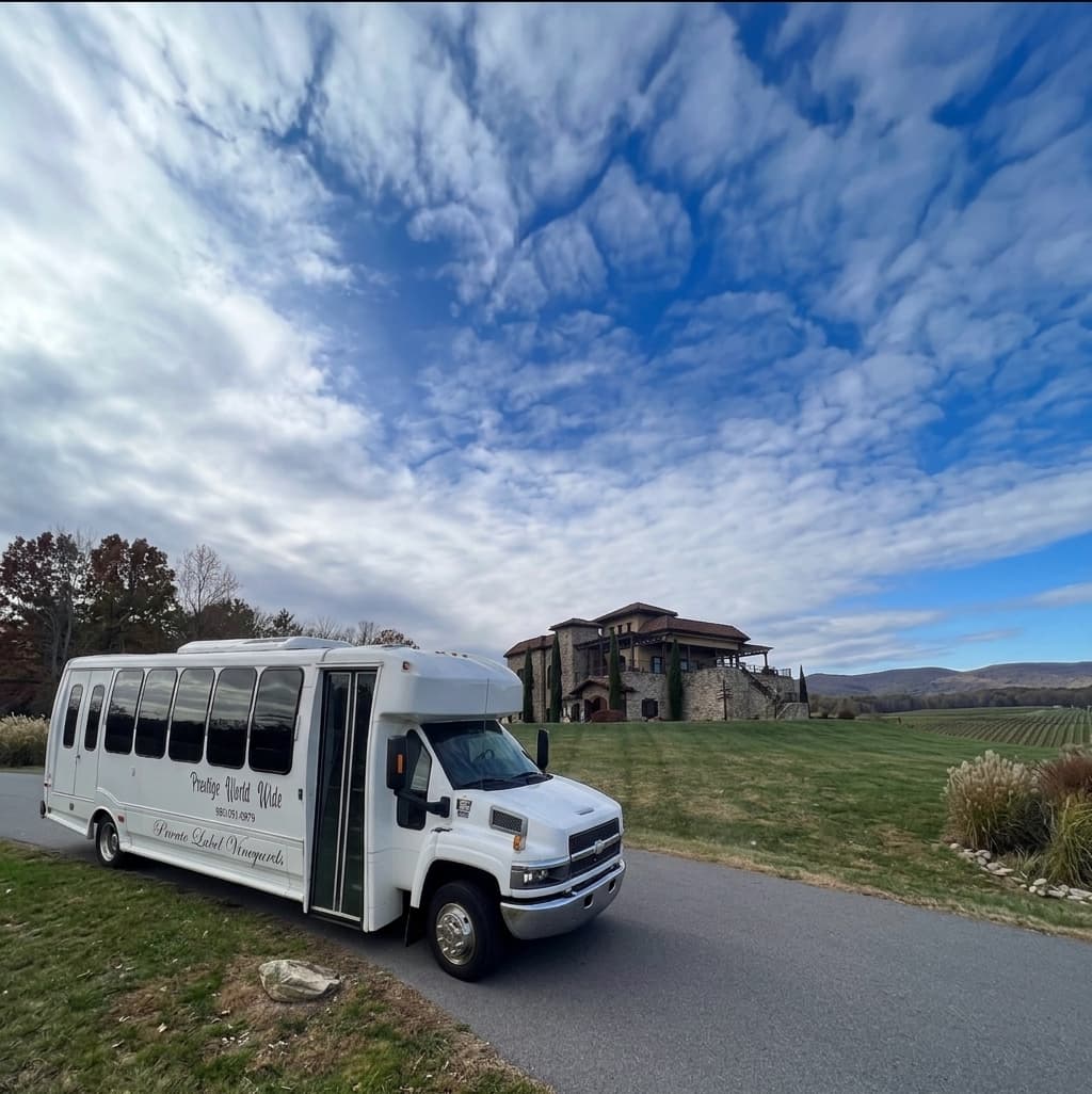 Prestige Worldwide wine tour group with chauffeured party bus in North Carolina wine country